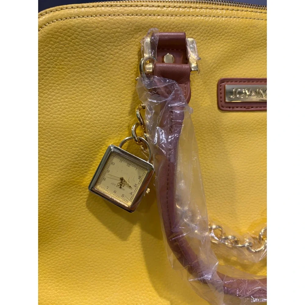Joy & Iman Yellow Tan Split Leather Satchel Handbag Set with Wallet and Clock